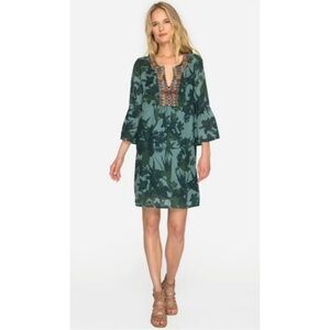 Johnny Was Workshop Green Floral Embroidered V-neck Linen Tunic Dress Small